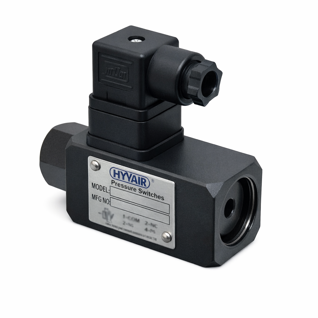 Hyvair pressure switch with terminal connection housing for hydraulic system monitoring