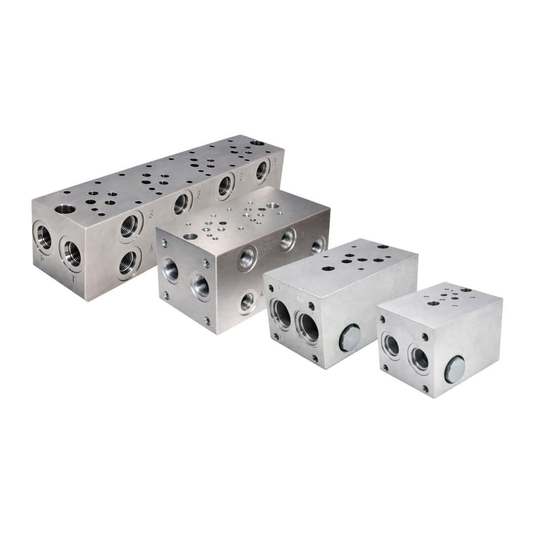 Hyvair manifold aluminum, 1 station, MD03-1S-6AB-8PT, with multiple ports and mounting holes. — islandhydraulicsupply.com