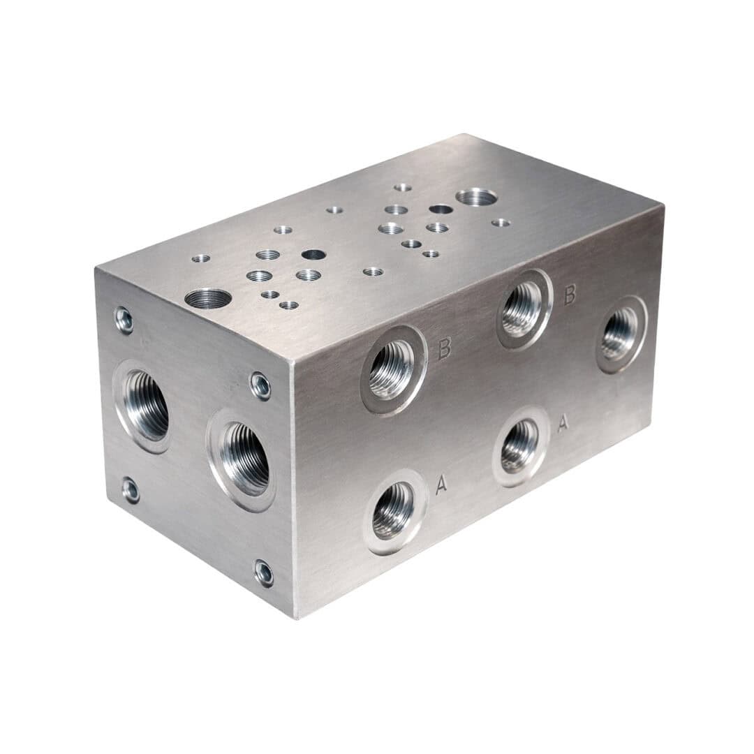 Hyvair standard manifold D03, 2 station, aluminum, with multiple port sizes and threaded connections. — islandhydraulicsupply.com