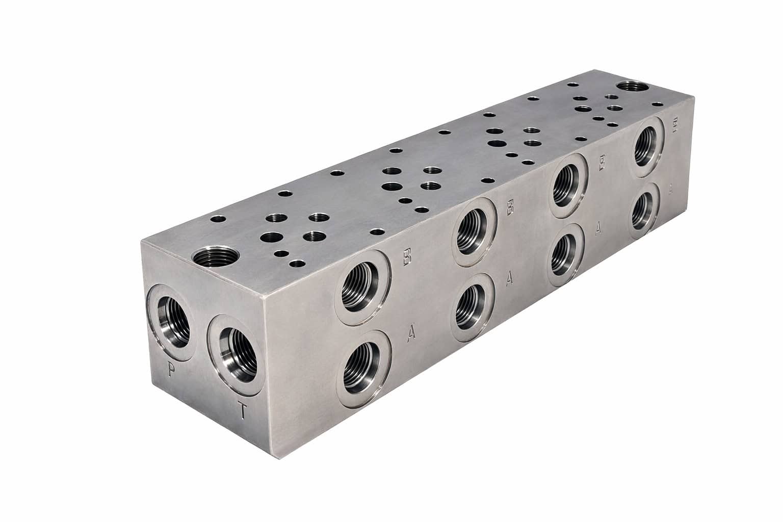 Hyvair standard manifold aluminum, 4 station, MD05-4S-8AB-12, with multiple port sizes and threaded. — islandhydraulicsupply.com