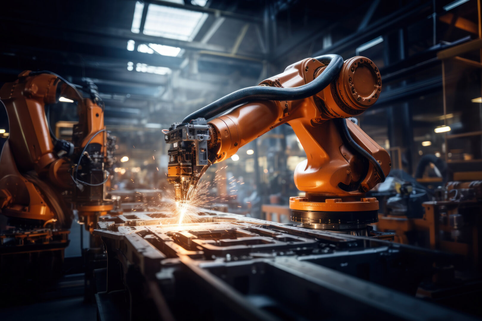 Industrial robots arm are welding automotive part in car factory. AI Generative