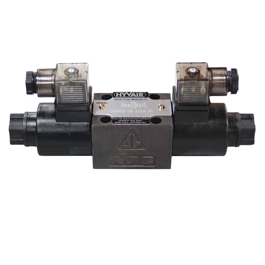 Hyvair double solenoid valve D03SD-2A-12DC-35, 3 position, spring centered, DIN coil type. — islandhydraulicsupply.com