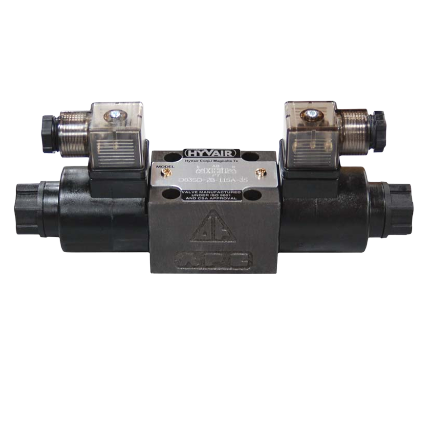 Hyvair D05 directional control valve with double solenoid coils and threaded conduit electrical connections
