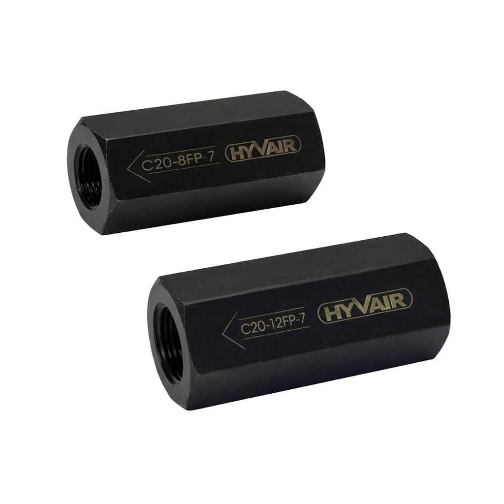 Hyvair inline check valve C20-8FP-7, NPT port, compact design for hydraulic systems. — islandhydraulicsupply.com