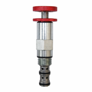 Hyvair pressure compensated flow control valve with red adjustment knob and threaded cartridge body