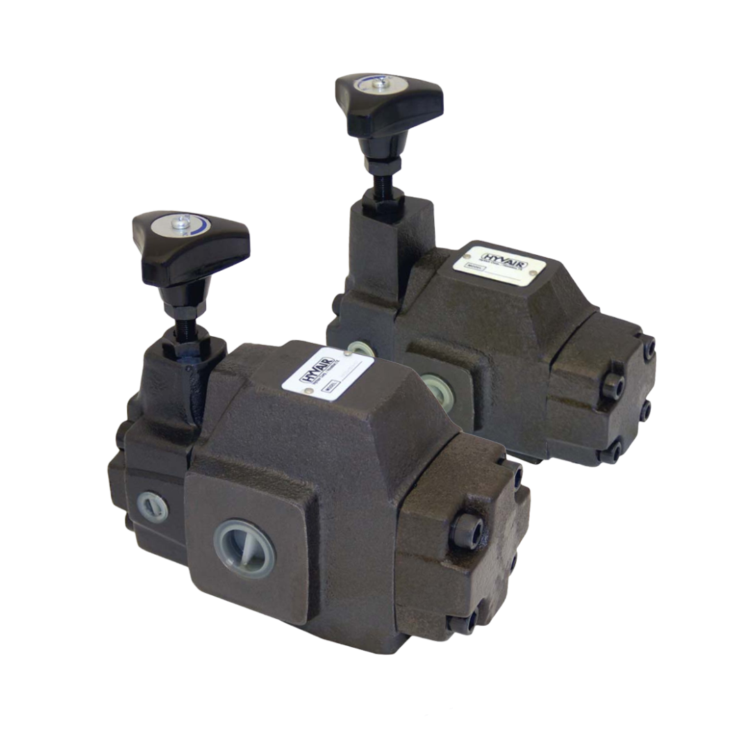 Hyvair pressure reducing valve assembly with dual adjustment knobs and dual valve bodies