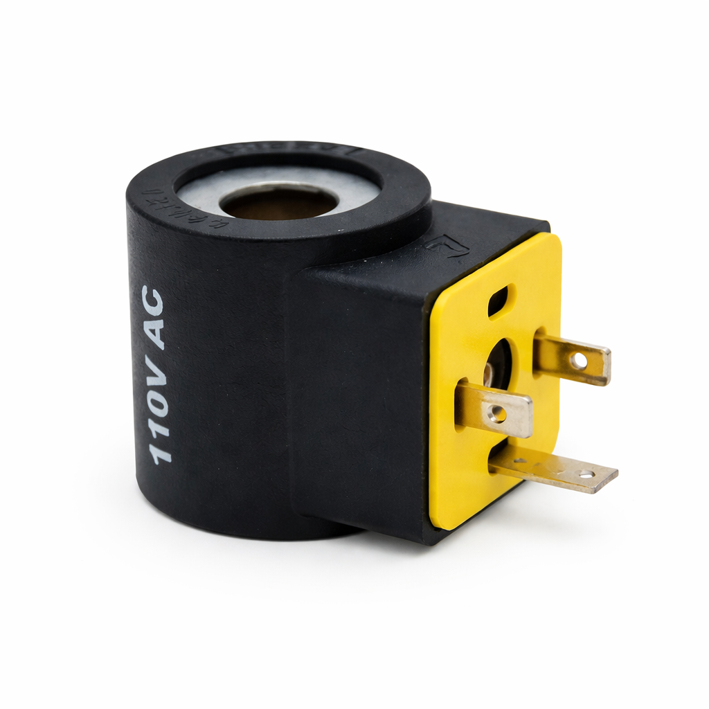 Hyvair 110V AC solenoid coil with yellow DIN connector for cartridge valve actuation