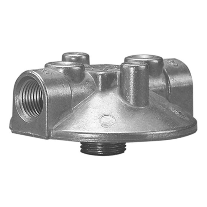 BF series spin-on filter head in cast aluminum with threaded inlet and outlet ports for hydraulic filtration