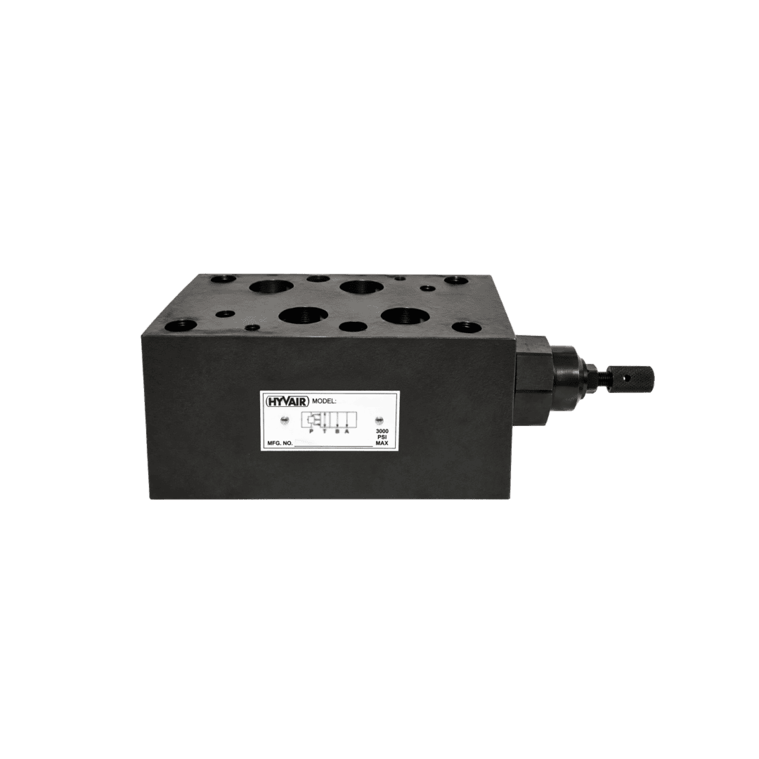 Hyvair hydraulic valve manifold block, model with multiple ports and control options. — islandhydraulicsupply.com