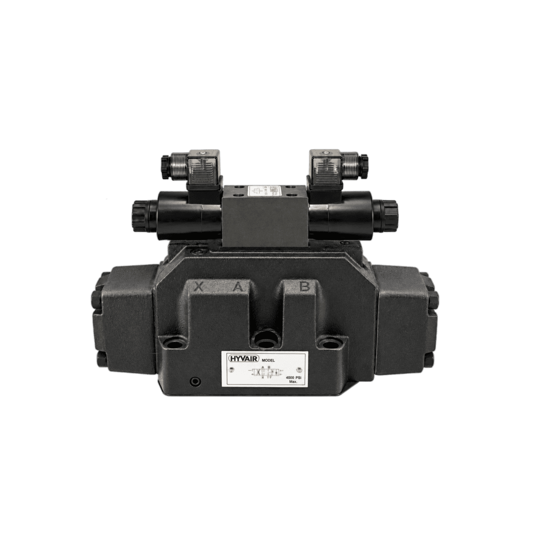 Hyvair hydraulic manifold with solenoid valves, model PCP16-3K-2BK-2, 16 GPM, 3000 PSI, SAE B mount. — islandhydraulicsupply.com