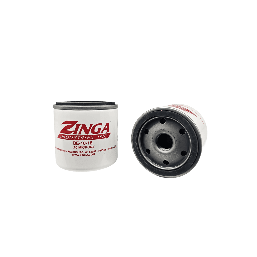Two Zinga BE1018 spin-on filter elements showing the can and the 3/4-16 UN mounting thread — islandhydraulicsupply.com