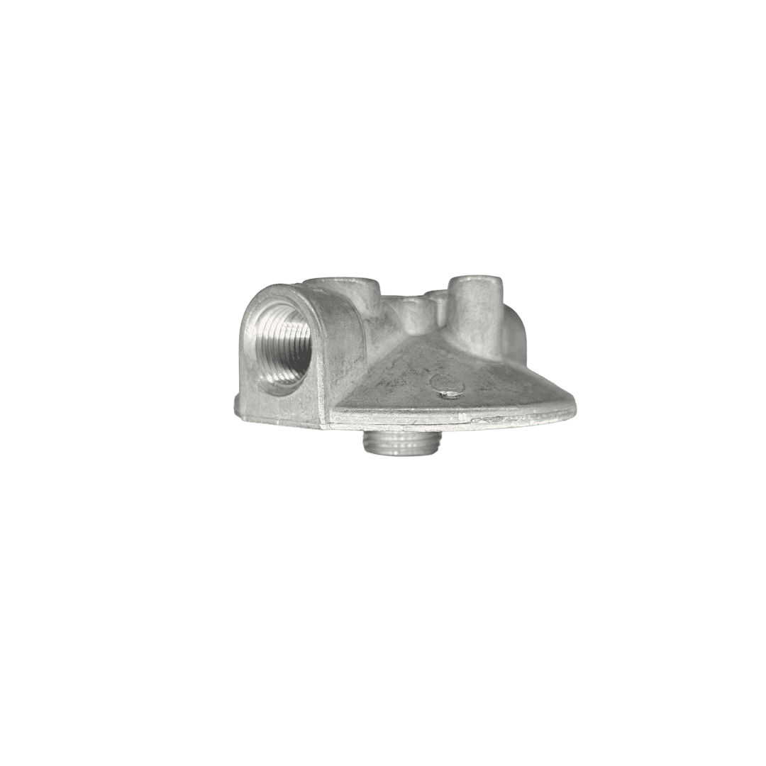 Zinga BF030 spin-on filter head with 3/8 in NPTF ports, angled view — islandhydraulicsupply.com