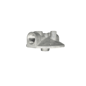 Zinga BF030 spin-on filter head with 3/8 in NPTF ports, angled view — islandhydraulicsupply.com