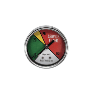 Zinga CI-20 filter gauge with 0 to 60 psi dial and red Service Filter zone above 25 psi — islandhydraulicsupply.com