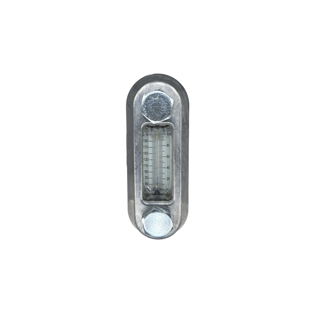 Zinga SG03ATG reservoir sight level gauge with thermometer and aluminum guard, 3 in bolt centers — islandhydraulicsupply.com