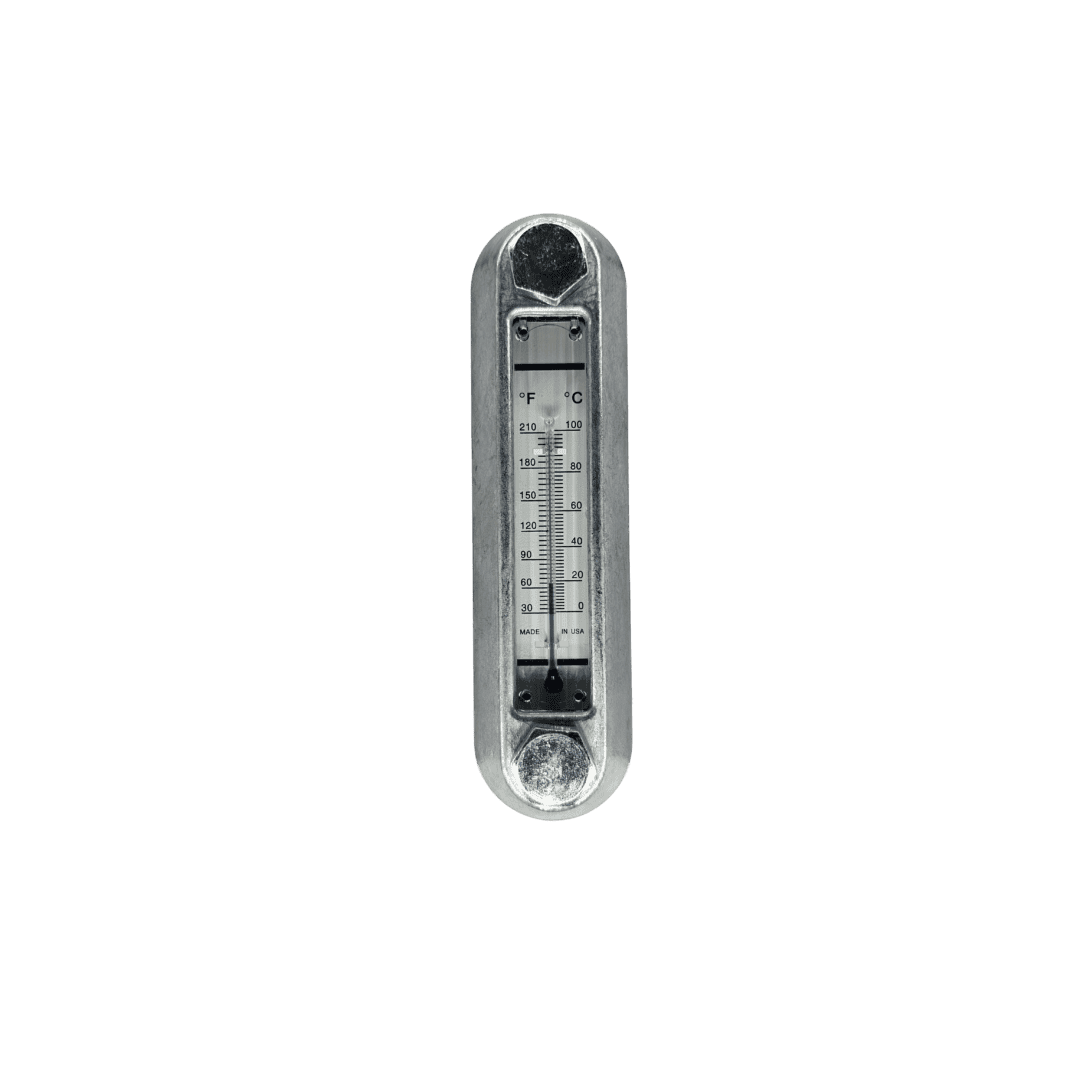 Zinga SG05ATG reservoir sight level gauge with thermometer and aluminum guard, 5 in bolt centers — islandhydraulicsupply.com