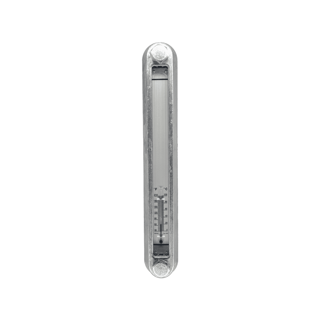 Zinga SG10ATG reservoir sight level gauge with thermometer and aluminum guard, 10 in bolt centers — islandhydraulicsupply.com