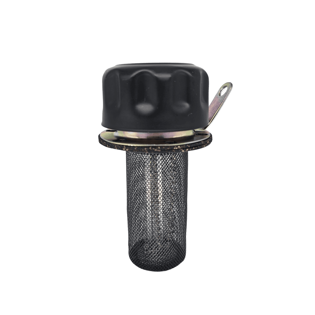 Zinga WSFB104SDL reservoir filler breather with black cover, lock tab and 4 in fill basket — islandhydraulicsupply.com