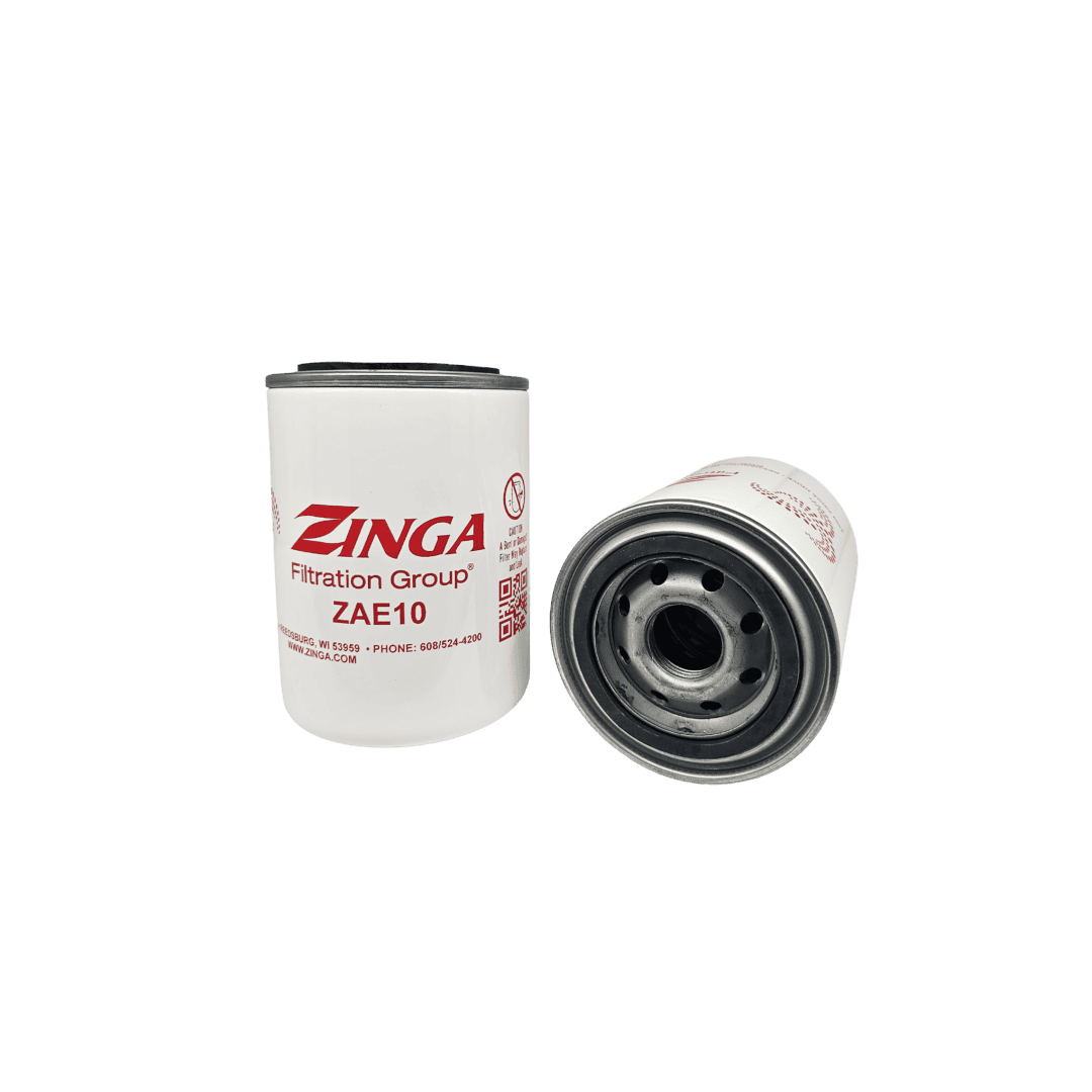 Two Zinga ZAE10 spin-on filter elements showing the can and the 1-12 UN mounting thread — islandhydraulicsupply.com